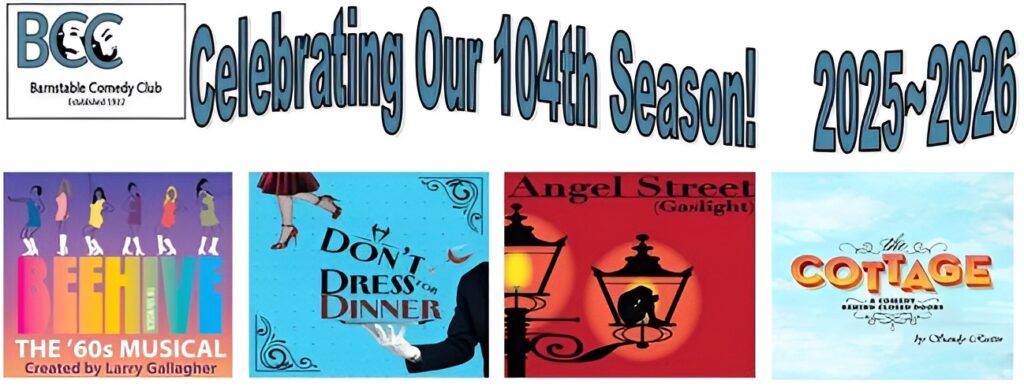 Event flyers for themed dinners: "Don't Dress Dinner" and "Angel Street".